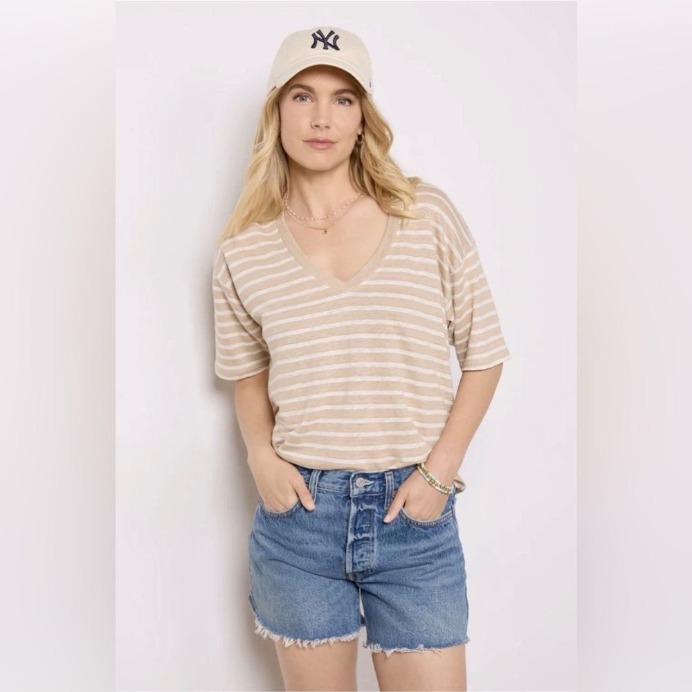 Faherty Oceanside 100% Linen Striped V-neck Tee Women Size S - Picture 9 of 10